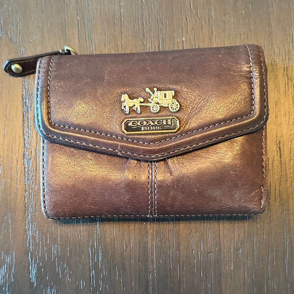 Coach Dark Brown Leather Wallet with Gold Accents